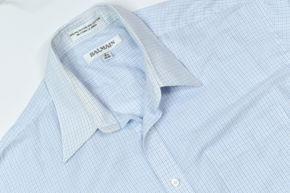 Vintage BALMAIN Shirt Mens 16.5 Blue White Plaid Long Sleeve Button-Up